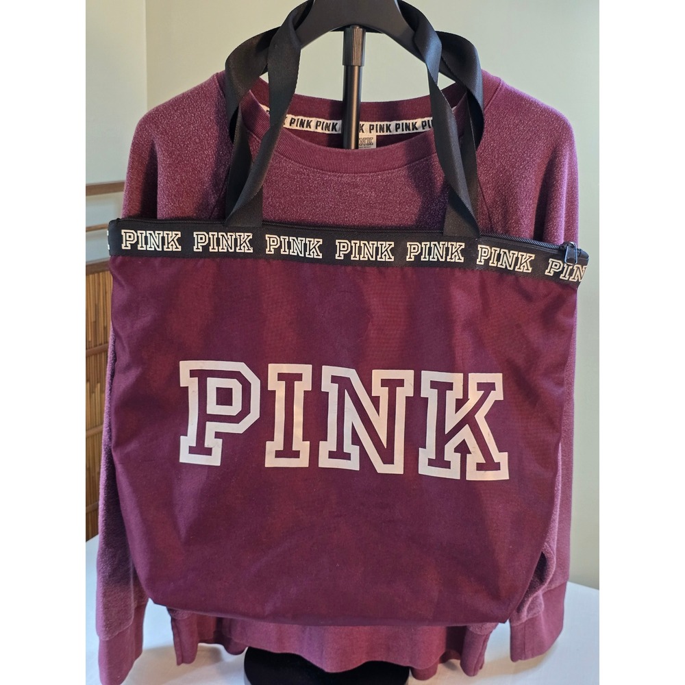Victoria's Secret PINK Maroon Crew Neck Sweatshirt and Matching Tote Bag Set